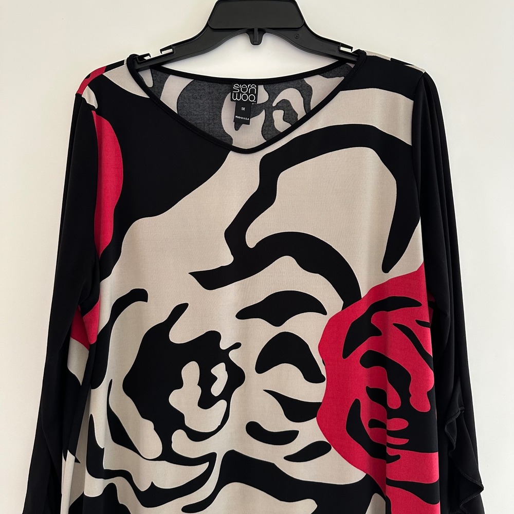 Clara Sun Woo Abstract Rose Tunic Top Women 1X Asymmetrical Slinky Artsy Stretch - Picture 6 of 8